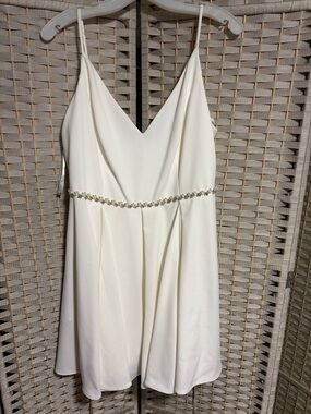 David's Bridal Ivory Spaghetti-Strap Mini Wedding Dress with Beaded Waist